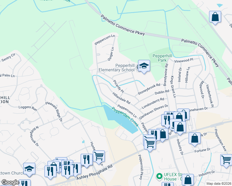 map of restaurants, bars, coffee shops, grocery stores, and more near 7658 Hillandale Road in North Charleston