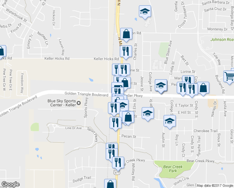 map of restaurants, bars, coffee shops, grocery stores, and more near 2 Golden Triangle Boulevard in Keller