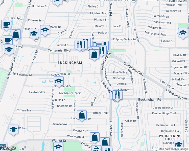 map of restaurants, bars, coffee shops, grocery stores, and more near 540 Buckingham Road in Richardson