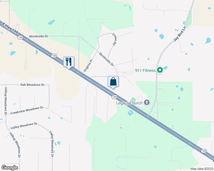 map of restaurants, bars, coffee shops, grocery stores, and more near 3191 East Highway 199 in Springtown