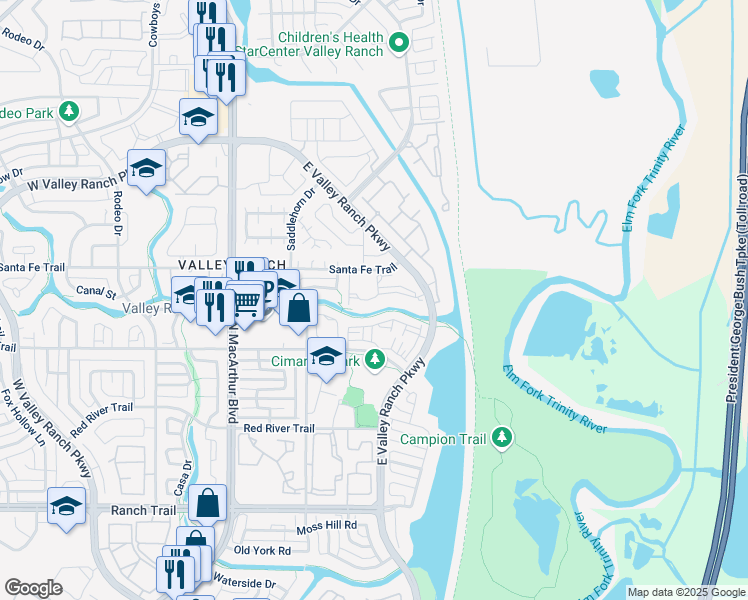 map of restaurants, bars, coffee shops, grocery stores, and more near 214 Santa Fe Trail in Irving