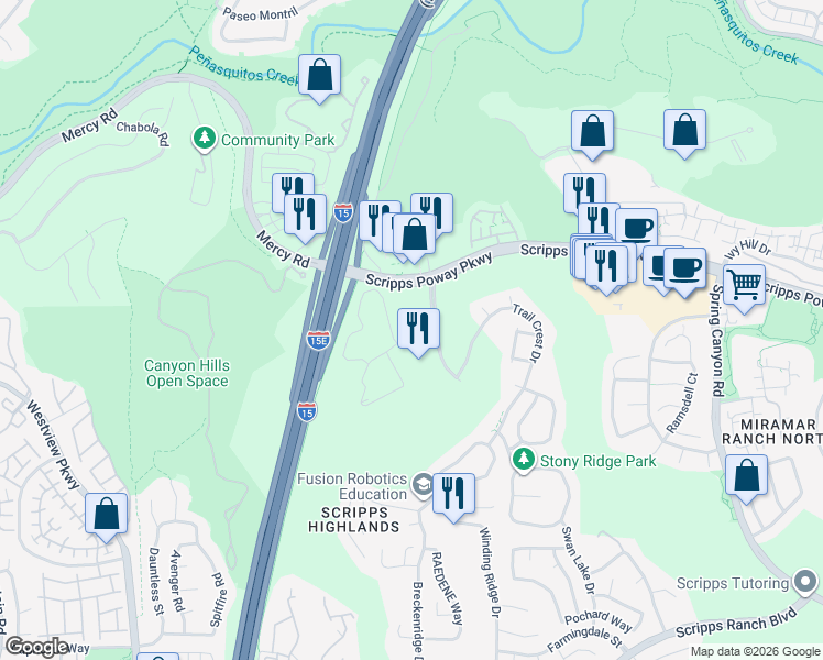 map of restaurants, bars, coffee shops, grocery stores, and more near 10177 Scripps Gateway Ct in San Diego