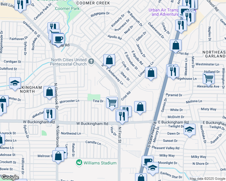 map of restaurants, bars, coffee shops, grocery stores, and more near 106 Belt Line Road in Garland
