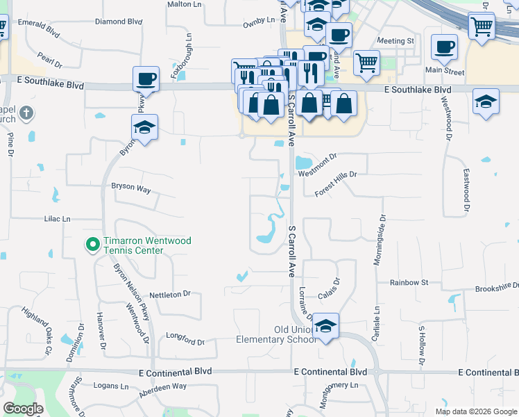 map of restaurants, bars, coffee shops, grocery stores, and more near 1009 Evening Glen Court in Southlake