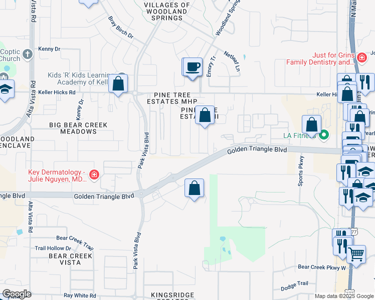 map of restaurants, bars, coffee shops, grocery stores, and more near 11117 Golden Triangle Circle in Fort Worth