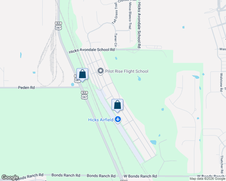 map of restaurants, bars, coffee shops, grocery stores, and more near 599 Aviator Drive in Fort Worth