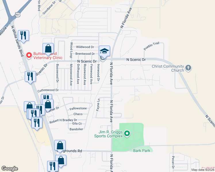 map of restaurants, bars, coffee shops, grocery stores, and more near 740 Saddle Court in Alamogordo
