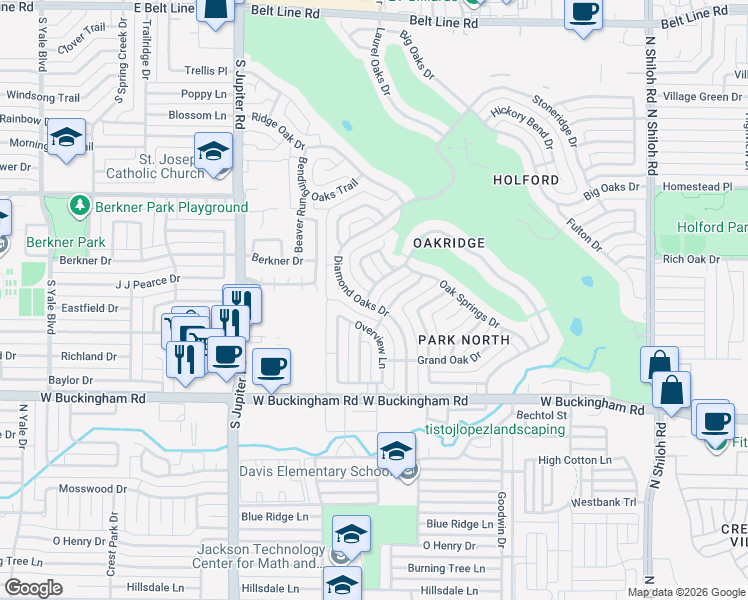 map of restaurants, bars, coffee shops, grocery stores, and more near 2125 Diamond Oaks Drive in Garland