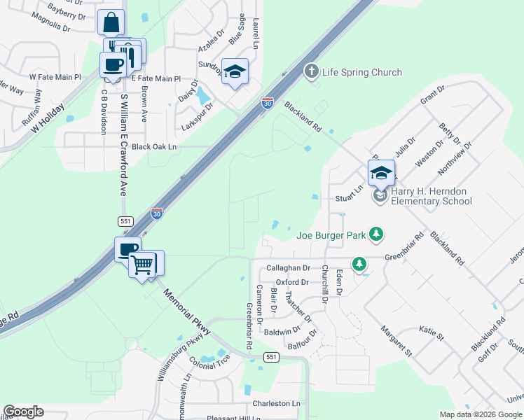 map of restaurants, bars, coffee shops, grocery stores, and more near 799a Greenbriar Road in Fate