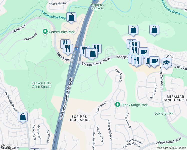 map of restaurants, bars, coffee shops, grocery stores, and more near 10177 Scripps Gateway Court in San Diego