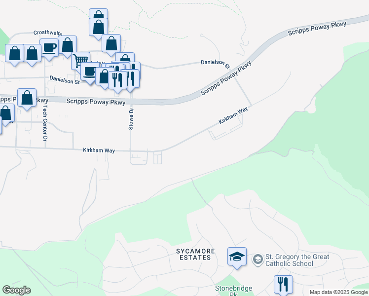 map of restaurants, bars, coffee shops, grocery stores, and more near 14105 Kirkham Way in Poway