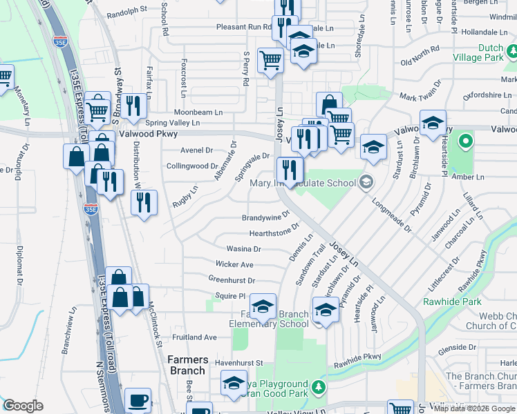 map of restaurants, bars, coffee shops, grocery stores, and more near 2624 Overland Drive in Farmers Branch