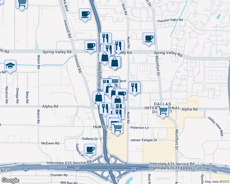 map of restaurants, bars, coffee shops, grocery stores, and more near 13838 Dallas Parkway in Dallas