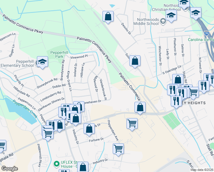 map of restaurants, bars, coffee shops, grocery stores, and more near 7642 Vanderbrook Place in North Charleston