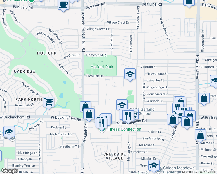 map of restaurants, bars, coffee shops, grocery stores, and more near 2228 Windy Drive in Garland