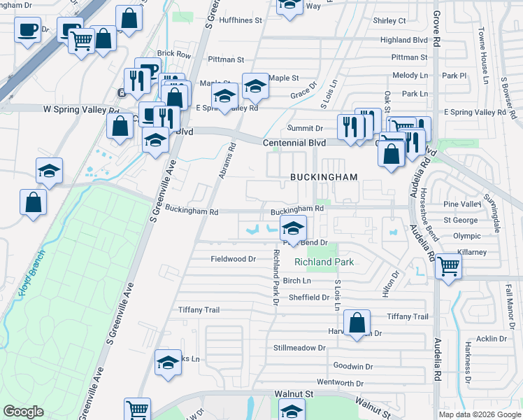 map of restaurants, bars, coffee shops, grocery stores, and more near 411 Buckingham Road in Richardson
