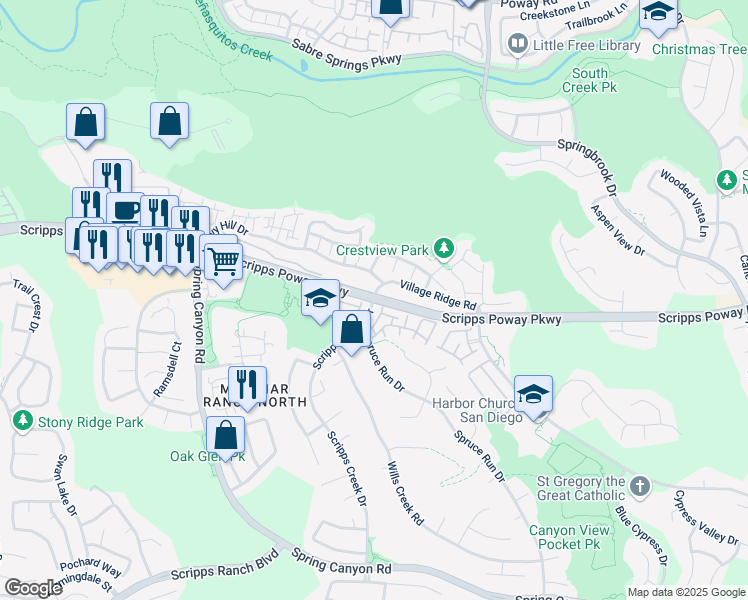 map of restaurants, bars, coffee shops, grocery stores, and more near Scripps Poway Parkway & Scripps Creek Drive in San Diego