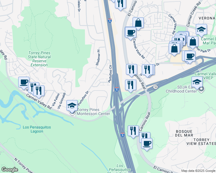 map of restaurants, bars, coffee shops, grocery stores, and more near 2771 Caminito San Marino in Del Mar