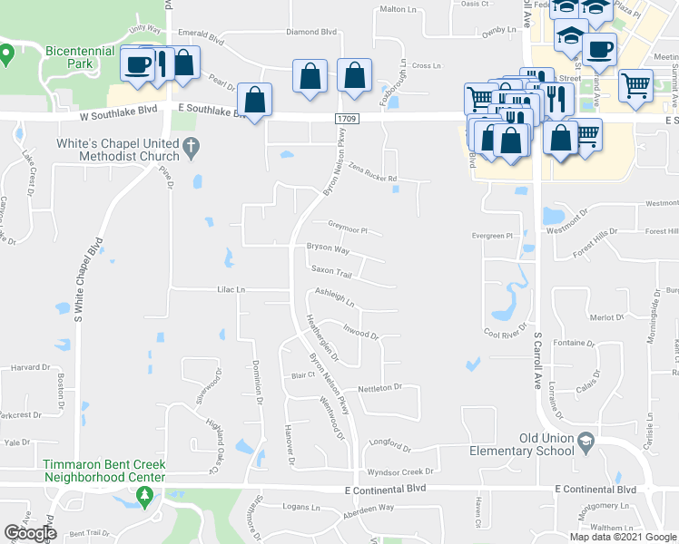 map of restaurants, bars, coffee shops, grocery stores, and more near 722 Saxon Trail in Southlake