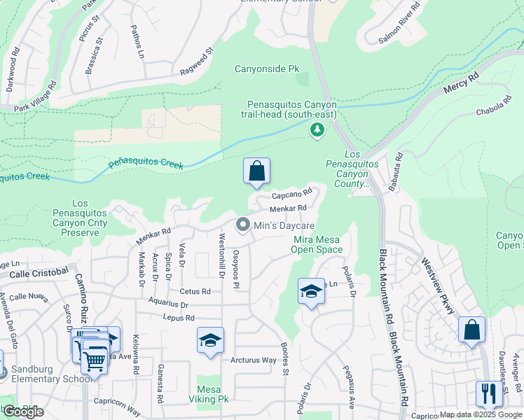 map of restaurants, bars, coffee shops, grocery stores, and more near Menkar Road & Capcano Road in San Diego