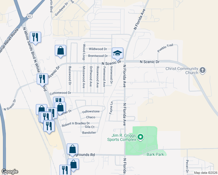 map of restaurants, bars, coffee shops, grocery stores, and more near 3524 Ironwood Avenue in Alamogordo