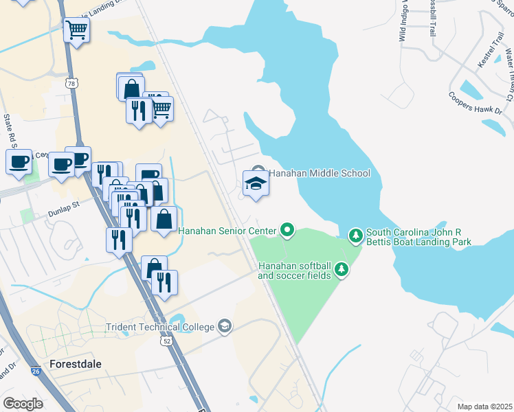 map of restaurants, bars, coffee shops, grocery stores, and more near 4000 Mabeline Road in Hanahan