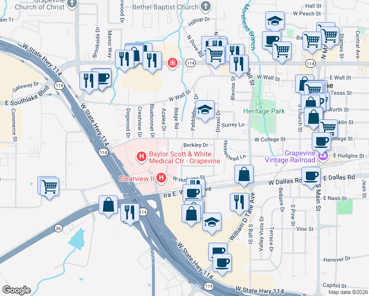 map of restaurants, bars, coffee shops, grocery stores, and more near 1234 Berkley Drive in Grapevine