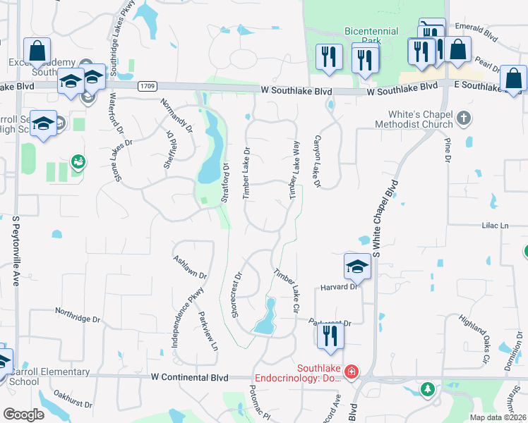 map of restaurants, bars, coffee shops, grocery stores, and more near 801 Woodcrest Court in Southlake
