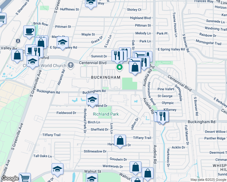 map of restaurants, bars, coffee shops, grocery stores, and more near 530 Buckingham Road in Richardson