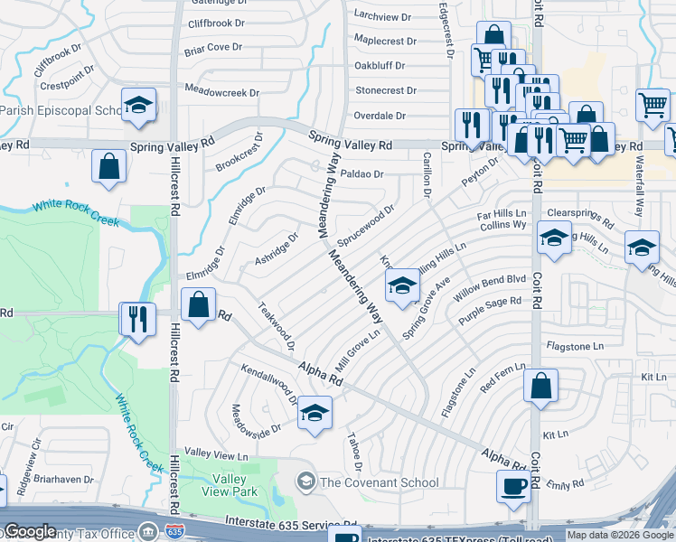 map of restaurants, bars, coffee shops, grocery stores, and more near 13710 Sprucewood Drive in Dallas