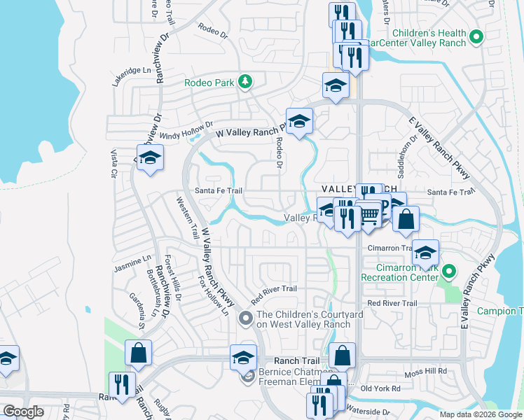 map of restaurants, bars, coffee shops, grocery stores, and more near 906 Santa Fe Trail in Irving