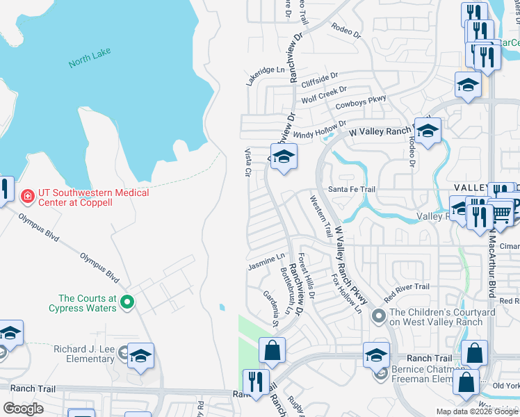 map of restaurants, bars, coffee shops, grocery stores, and more near 1400 Valley Trail in Irving