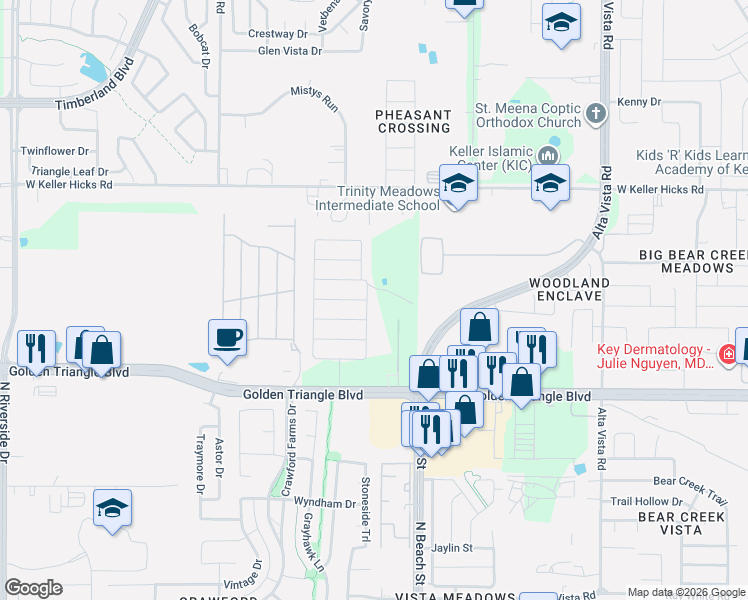 map of restaurants, bars, coffee shops, grocery stores, and more near 4264 Starburst Drive in Fort Worth