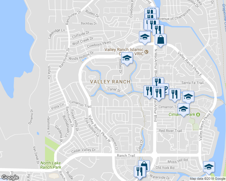 map of restaurants, bars, coffee shops, grocery stores, and more near 906 Santa Fe Trail in Irving