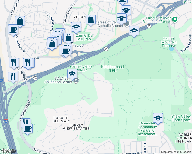 map of restaurants, bars, coffee shops, grocery stores, and more near 11921 Carmel Creek Road in San Diego