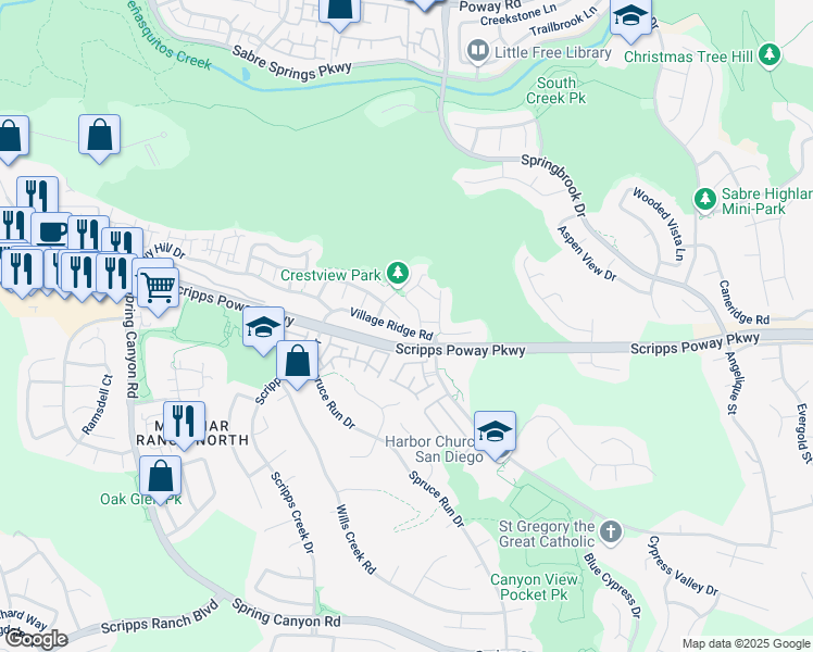 map of restaurants, bars, coffee shops, grocery stores, and more near 11466 Village Ridge Road in San Diego