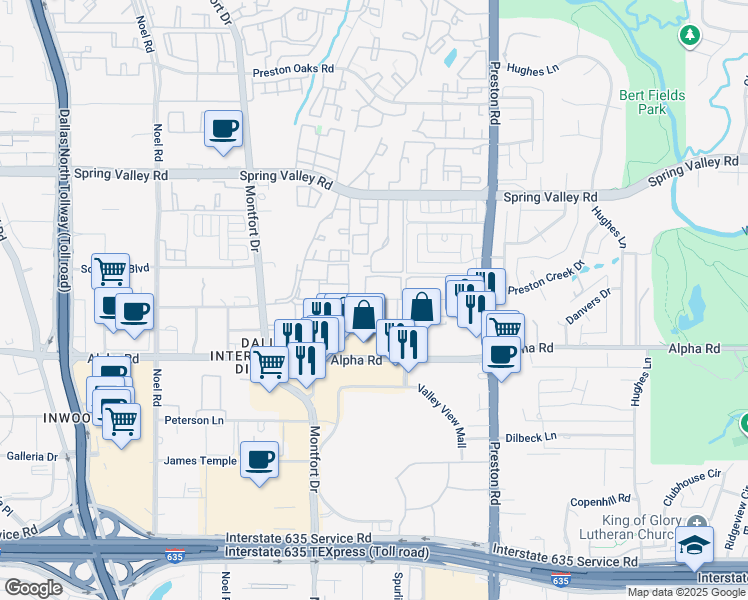 map of restaurants, bars, coffee shops, grocery stores, and more near 5757 Preston View Boulevard in Dallas