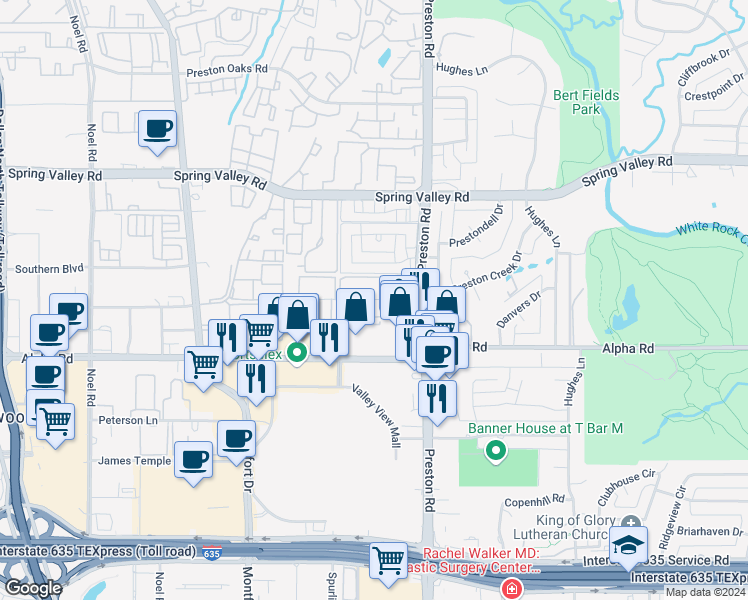 map of restaurants, bars, coffee shops, grocery stores, and more near 5816 Preston View Boulevard in Dallas