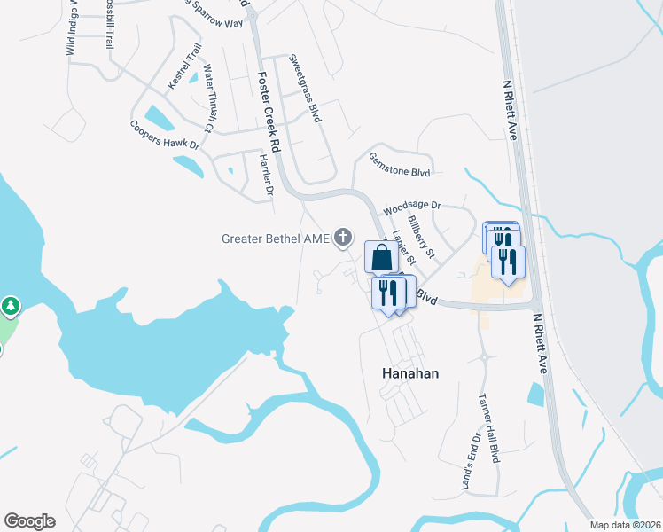 map of restaurants, bars, coffee shops, grocery stores, and more near 1516 Foster Creek Road in Hanahan