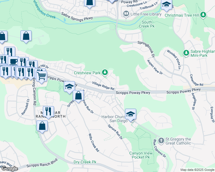 map of restaurants, bars, coffee shops, grocery stores, and more near 11446 Village Ridge Road in San Diego