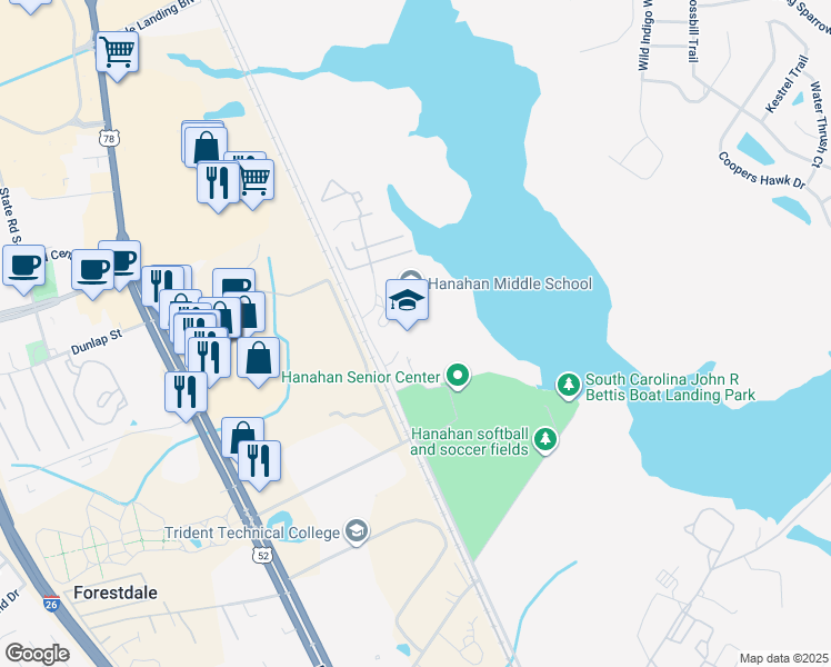 map of restaurants, bars, coffee shops, grocery stores, and more near 4000 Mabeline Road in Hanahan