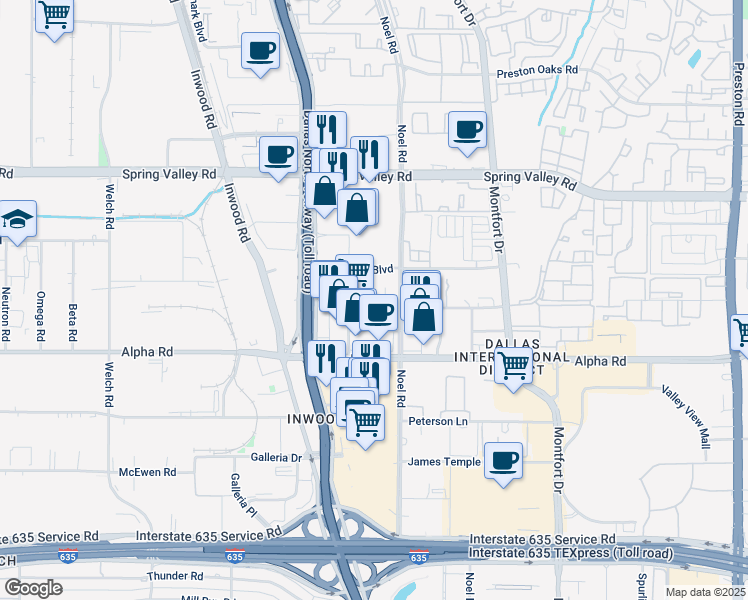 map of restaurants, bars, coffee shops, grocery stores, and more near 13737 Noel Road in Dallas