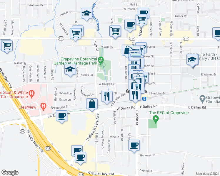 map of restaurants, bars, coffee shops, grocery stores, and more near 601 West College Street in Grapevine