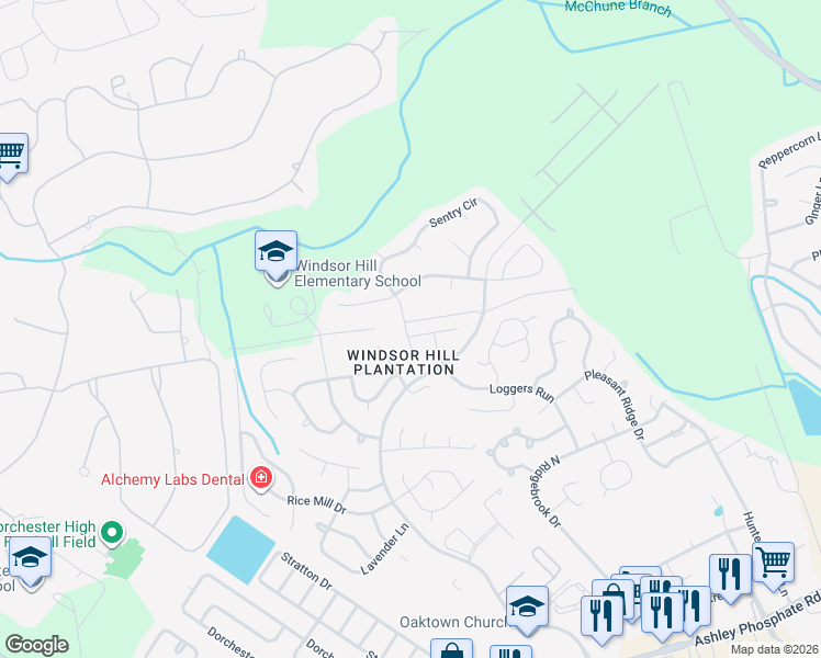 map of restaurants, bars, coffee shops, grocery stores, and more near 8551 Royal Palm Lane in North Charleston
