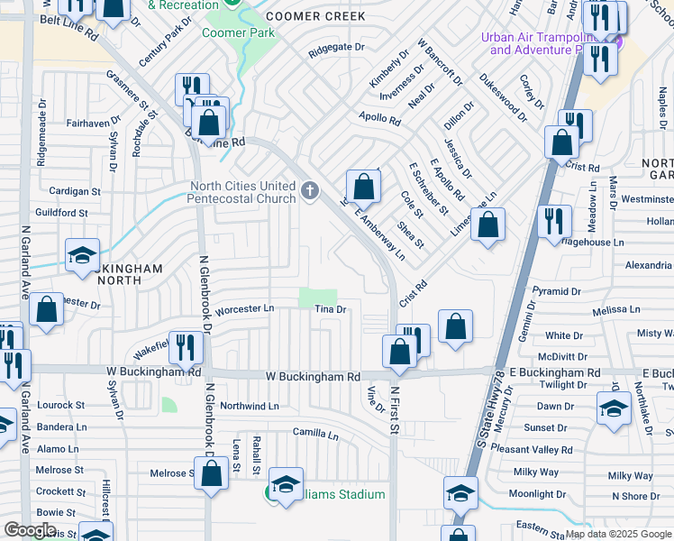 map of restaurants, bars, coffee shops, grocery stores, and more near 600 Monarch Dr in Garland