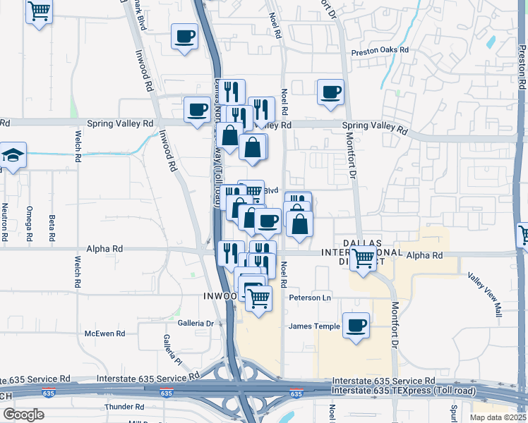 map of restaurants, bars, coffee shops, grocery stores, and more near 13737 Noel Road in Dallas
