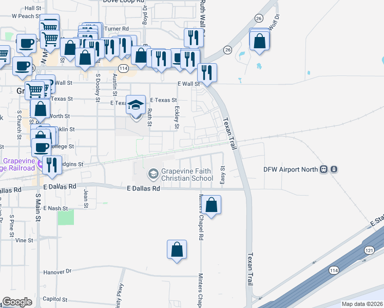map of restaurants, bars, coffee shops, grocery stores, and more near 1050 Texan Trail in Grapevine