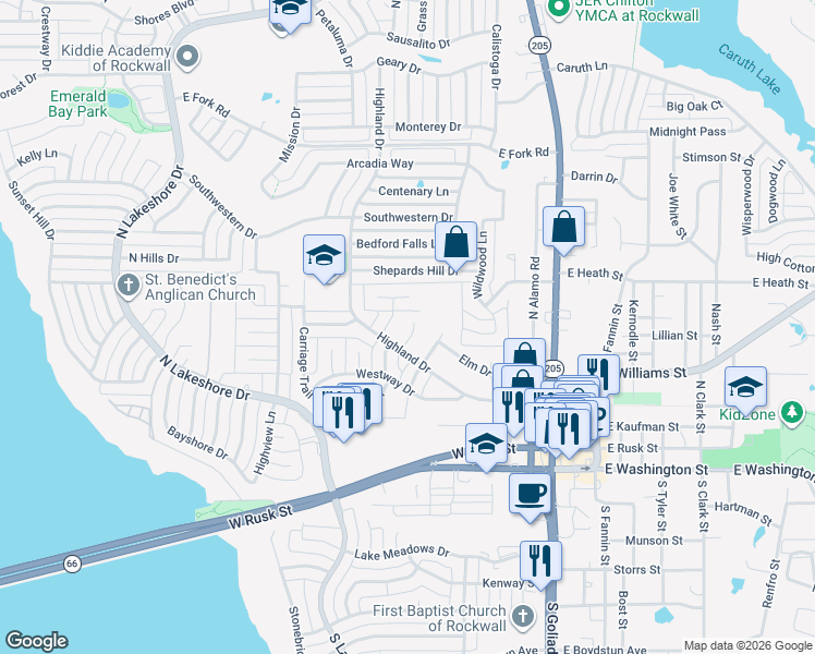 map of restaurants, bars, coffee shops, grocery stores, and more near 408 Coachlight Trail in Rockwall