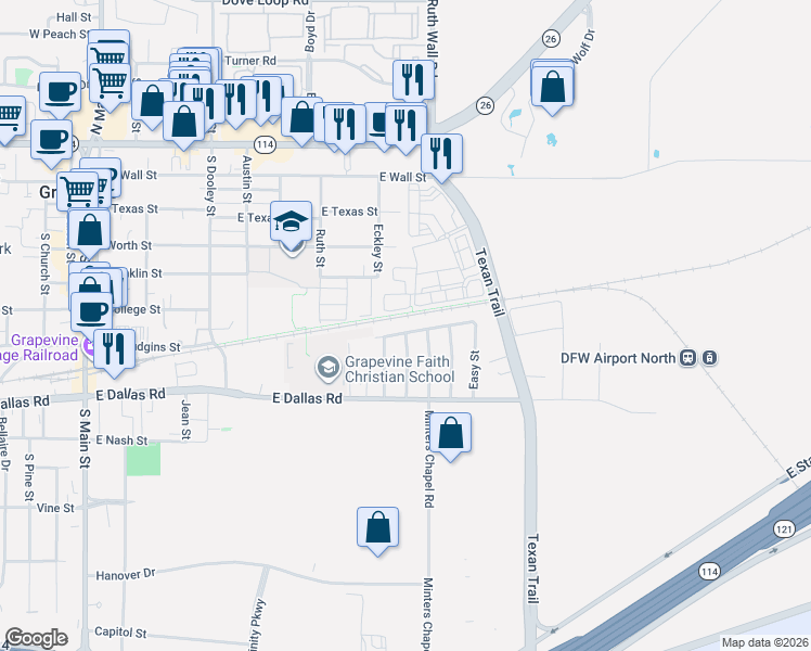 map of restaurants, bars, coffee shops, grocery stores, and more near 1050 Texan Trail in Grapevine