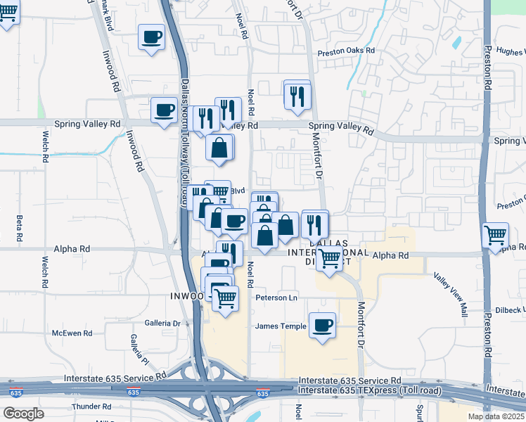 map of restaurants, bars, coffee shops, grocery stores, and more near 13770 Noel Road in Dallas